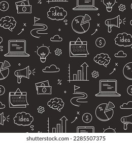 Geschäftsidee doodle nahtlose Muster Hintergrund. Geschäftserfolg, kreatives Ideenkonzept doodle gezeichnet Sketch Stil Muster mit Glühbirne, Megaphon, Kalenderelement. Vektorgrafik