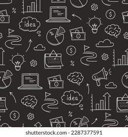 Business idea doodle seamless pattern background. Business success, creative idea concept doodle drawn sketch style pattern with lightbulb, megaphone, calendar element. Vector illustration