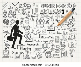 Business Idea doodles icons set. Drawing Businessman climbing up stairs to the top. Vector illustration style.