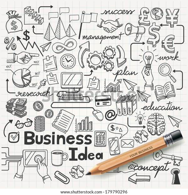 Business\
Idea doodles icons set. Vector\
illustration.