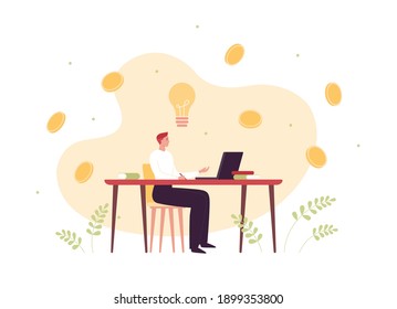 Business idea and finance success concept. Vector flat creative illustration. Male businessman sitting at desk with laptop. Lightbulb inspiration symbol. Coin money and leaves symbol on background.