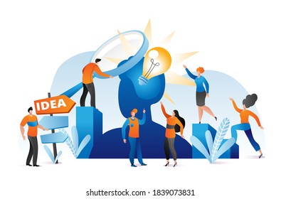 Business idea flat concept, vector illustration. People team character design innovation idea in person head abstract background. Businessman work growth by cartoon successful solution.