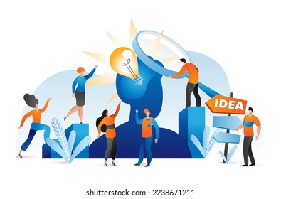 Concepto plano de idea de negocio, ilustración vectorial. La gente diseña una idea de innovación en el diseño de personajes en persona con un fondo abstracto de cabeza.