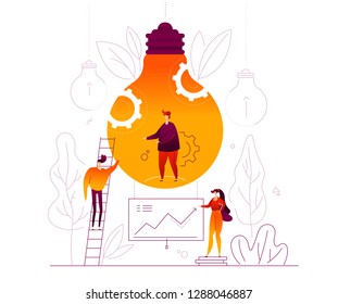 Ideia de negócio - design plano estilo ilustração colorida sobre fundo branco. Uma composição com personagens bonitos, mulher mostrando um diagrama no flip chart, lâmpada, elementos lineares. Conceito de inspiração