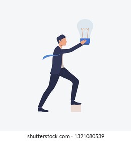 Business idea flat icon. Businessman holding huge bulb. Business concept. Can be used for topics like presentation, startup, innovation