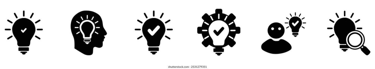 Business idea flat icon set. Containing innovation, light bulb, creativity, inspiration, brainstorm, intelligence, thinking, invention, creative, solution, mind.