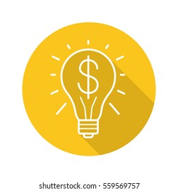 Business idea flat linear long shadow icon. Electric bulb with dollar sign. Successful commercial idea. Vector line symbol