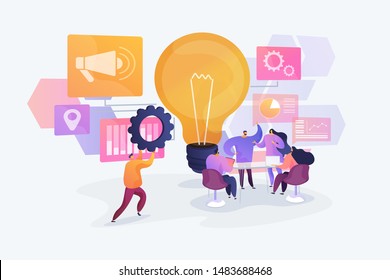 Geração de ideias de negócios. Estratégias de marketing, discussão de oportunidades de investimento. Comece o lançamento, o sucesso do negócio, o conceito de reunião de brainstorm. Ilustração criativa do conceito isolado de vetor