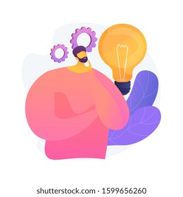 Business idea generation. Plan development. Pensive man with lightbulb cartoon character. Technical mindset, entrepreneurial mind, brainstorming process. Vector isolated concept metaphor illustration