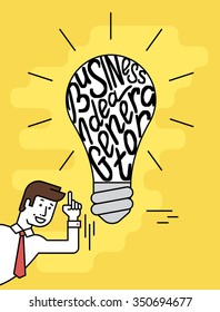 Business idea generator handwritten text wrapped on the light bulb. Flat contour illustration of inspired manager with big lamp on yellow background