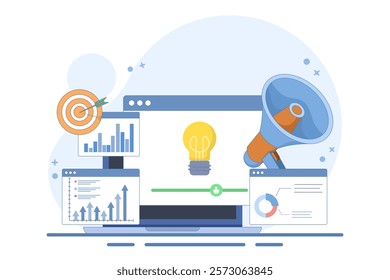 Business Idea Graphic Information Concept. Business Idea Concept Design. Checking information with magnifying glass. Flat design illustration on background.