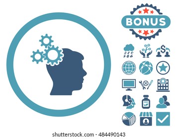 Business Idea icon with bonus design elements. Vector illustration style is flat iconic bicolor symbols, cyan and blue colors, white background.