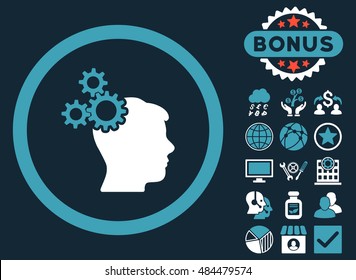 Business Idea icon with bonus elements. Vector illustration style is flat iconic bicolor symbols, blue and white colors, dark blue background.