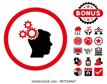 Business Idea icon with bonus pictogram. Vector illustration style is flat iconic bicolor symbols, intensive red and black colors, white background.