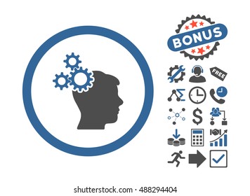 Business Idea icon with bonus symbols. Vector illustration style is flat iconic bicolor symbols, cobalt and gray colors, white background.