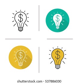 Business idea icon. Flat design, linear and color styles. Electric bulb with dollar sign. Successful commercial idea. Isolated vector illustrations