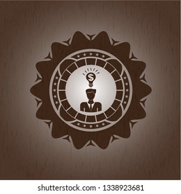 business idea icon inside badge with wood background