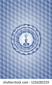 business idea icon inside blue badge with geometric background.
