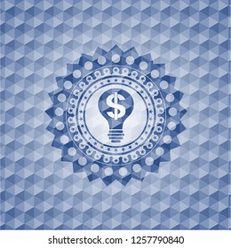 business idea icon inside blue emblem or badge with geometric pattern background.