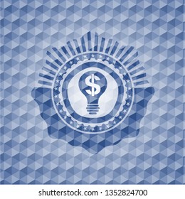 business idea icon inside blue badge with geometric pattern background.