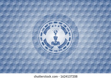 business idea icon inside blue emblem with geometric pattern background.