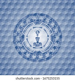 business idea icon inside blue emblem or badge with abstract geometric pattern background.