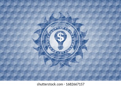 business idea icon inside blue emblem with geometric pattern background.