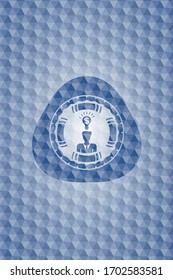 icono de idea de negocio dentro del emblema azul o placa con fondo de patrón geométrico. 
