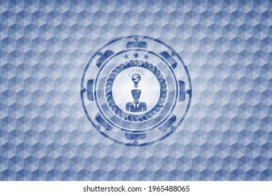 business idea icon inside blue emblem or badge with geometric pattern background. 