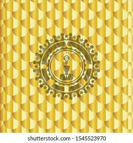 business idea icon inside gold shiny badge. Scales pattern. Vector Illustration. Detailed.