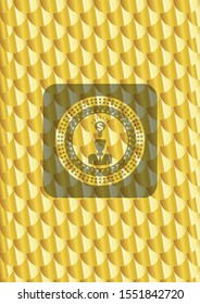 business idea icon inside gold badge. Scales pattern. Vector Illustration. Detailed.