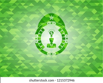 business idea icon inside green emblem with mosaic ecological style background