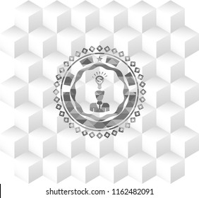 business idea icon inside grey badge with geometric cube white background