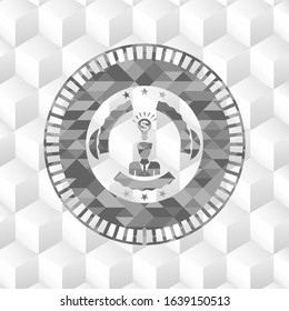 business idea icon inside grey emblem with geometric cube white background