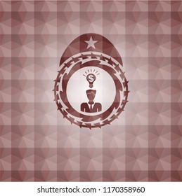 business idea icon inside red seamless emblem or badge with abstract geometric polygonal pattern background.