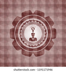 business idea icon inside red emblem or badge with abstract geometric polygonal pattern background. Seamless.
