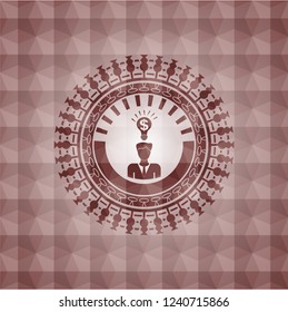 business idea icon inside red emblem or badge with abstract geometric polygonal pattern background. Seamless.