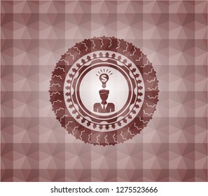 business idea icon inside red badge with geometric pattern background. Seamless.