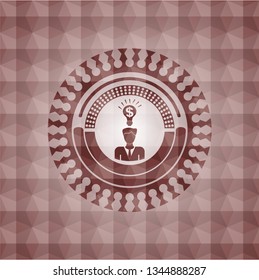 business idea icon inside red emblem or badge with geometric pattern background. Seamless.