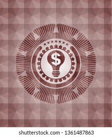 business idea icon inside red emblem or badge with abstract geometric pattern background. Seamless.