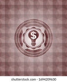 business idea icon inside red badge with geometric pattern background. Seamless.