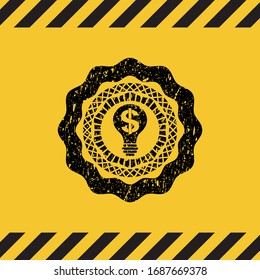 icono de idea de negocio dentro del signo de advertencia, emblema negro grunge. Ilustración vectorial. Detallado.