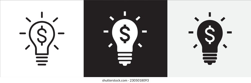 Business idea icon. Light bulb with dollar money sign. Profit business idea concept icons set. Vector in flat and outline design style. Vector stock illustration.