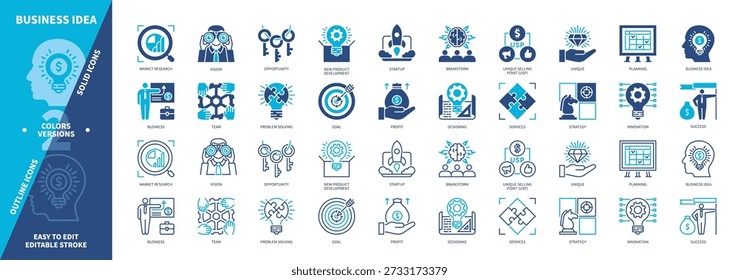 Business Idea icon set. Brainstorm, Product Development, Startup, Opportunity, Market Research, Vision, Designing, Success. Duotone color solid and editable outline icons
