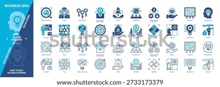 Business Idea icon set. Brainstorm, Product Development, Startup, Opportunity, Market Research, Vision, Designing, Success. Duotone color solid and editable outline icons