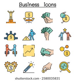 Business idea icon set in color line style