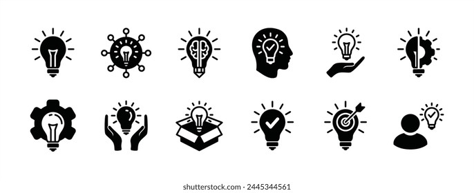 Business idea icon set. Containing light bulb, thinking out of the box, innovation, creativity. Lamp with brain, head, connection, gear settings, checkmark, target and goal management. illustration	
