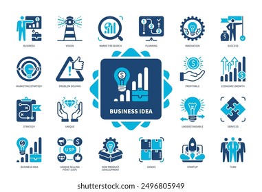 Business Idea icon set. Innovation, Product Development, Understandable, Unique, Market Research, Vision, Team, Success. Duotone color solid icons