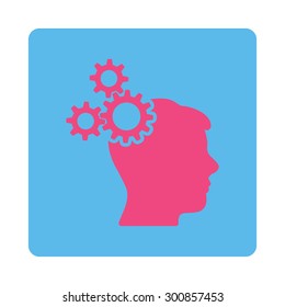 Business idea icon. Vector style is pink and blue colors, flat rounded square button on a white background.