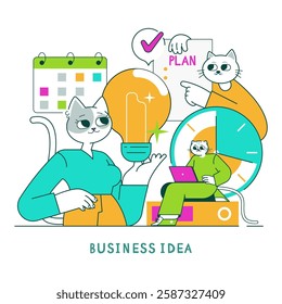 Business idea illustration showcasing creative concepts and planning strategies. Features a lightbulb symbolizing innovation, characters engaged in brainstorming, and effective time management
